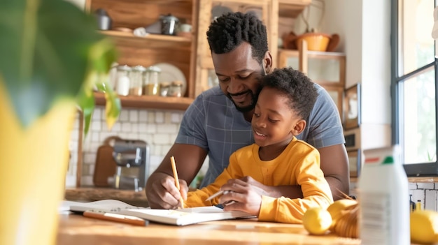 Um pai ajudando seu filho com a lição de casa na mesa da cozinha