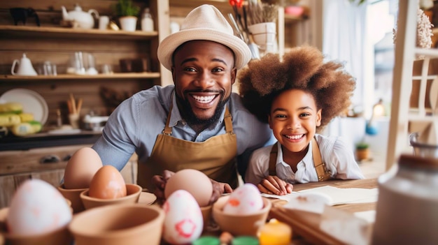 Um pai alegre está trabalhando com seus filhos na decoração de ovos de Páscoa em seu estúdio criativo