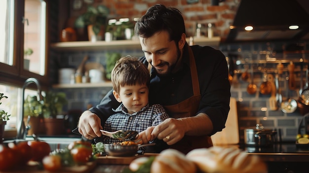 Foto um pai americano cozinhando comida com seu filho na cozinha com um grande espaço vazio e fundo desfocado ia generativa