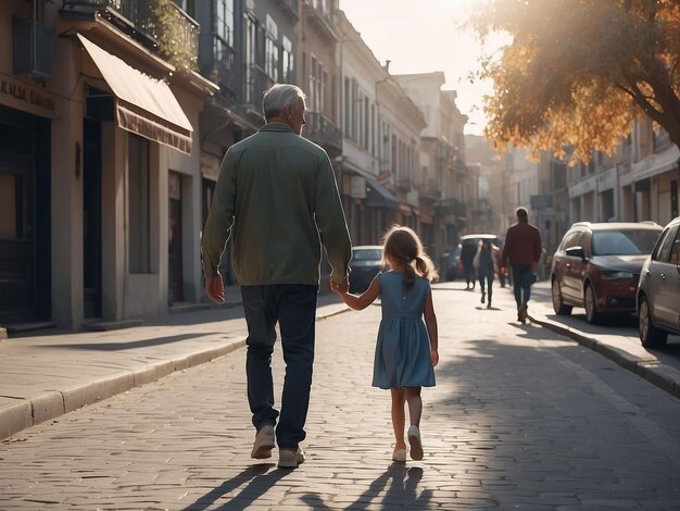 Um pai caminha pela rua com a filha.