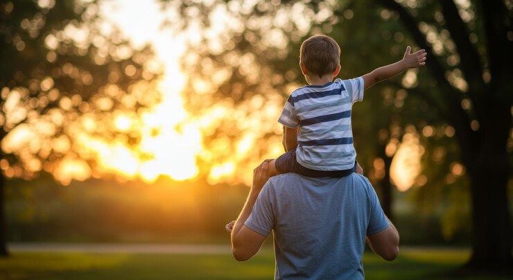 Um pai carregando seu filho nos ombros ao pôr do sol