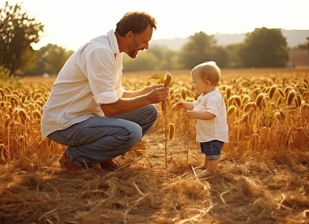 Foto um pai e filho em um campo de trigo