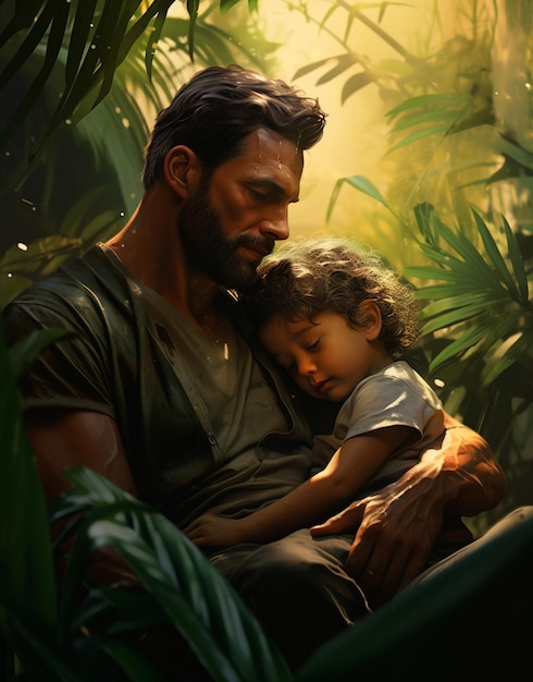 Um pai e filho em uma selva com as palavras "amor" no rosto.