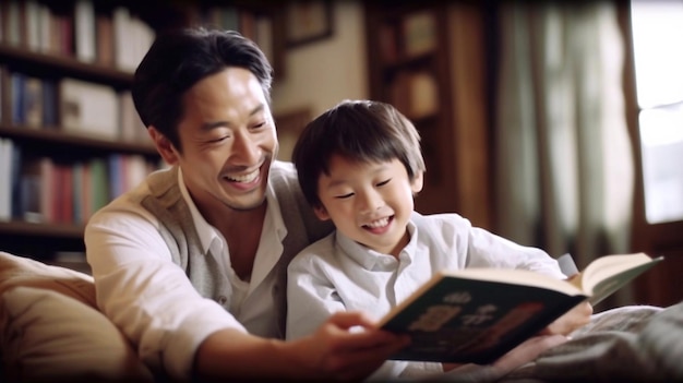 Um pai e filho lendo livro juntos feliz dia dos pais