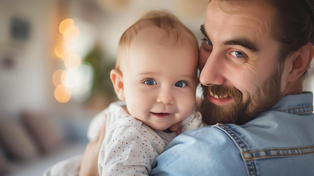 Um pai e seu bebê estão olhando um para o outro com amor em seus olhos o bebê está sorrindo e o pai tem uma expressão feliz em seu rosto