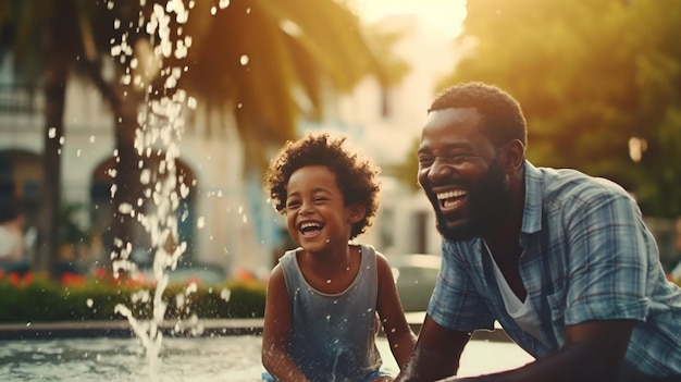 Um pai e seu filho brincando em uma fonte em um dia quente de verão