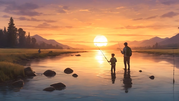 Um pai e seu filho desfrutando de uma viagem de pesca com o sol a pôr-se no fundo de um rio pacífico