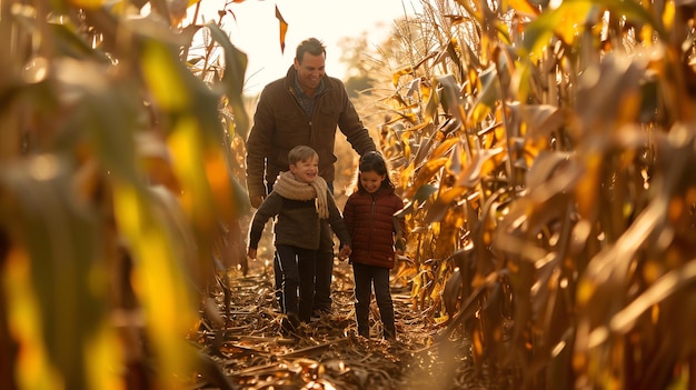 Um pai e seus dois filhos estão caminhando por um campo de milho o sol está brilhando através dos caules de milho criando um belo brilho dourado