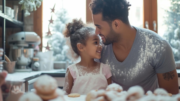 Um pai e sua filha assando biscoitos juntos na cozinha farinha de poeira suas roupas