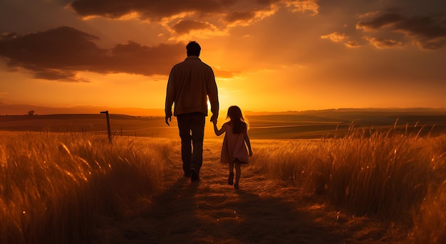 Um pai e sua filha caminhando ao pôr-do-sol