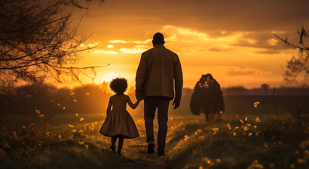 Foto um pai e sua filha caminhando ao pôr-do-sol