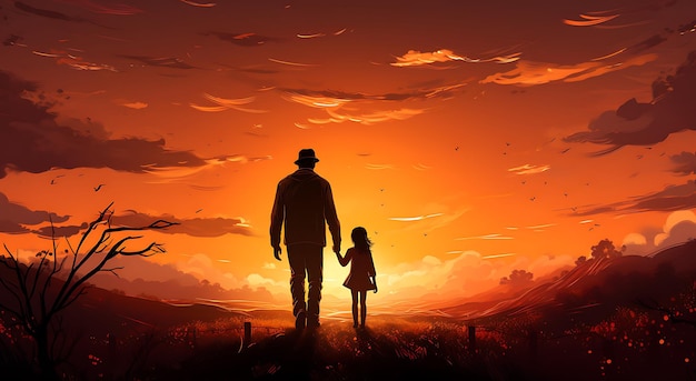 Um pai e sua filha caminhando ao pôr-do-sol