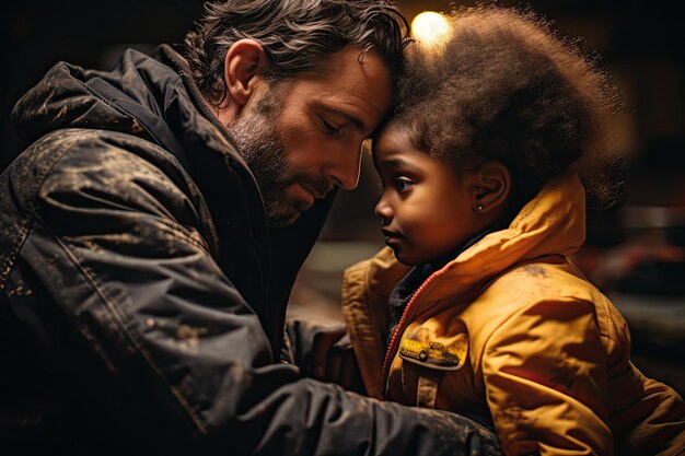 Foto um pai e sua filha olhando uns para os outros nos olhos das crianças enquanto estão na frente da câmera