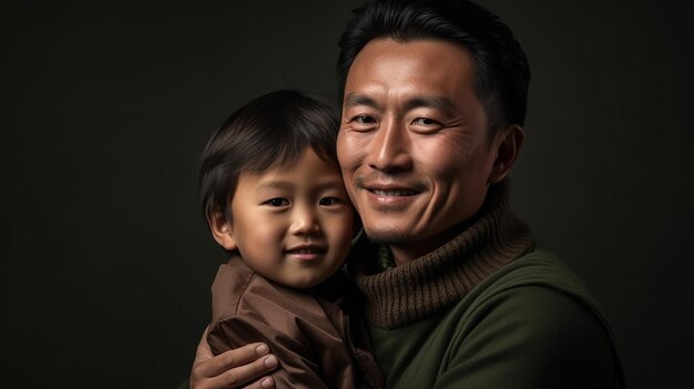 Um pai e um filho apertam suas bochechas com sorrisos refletindo o vínculo compartilhado no Dia dos Pais