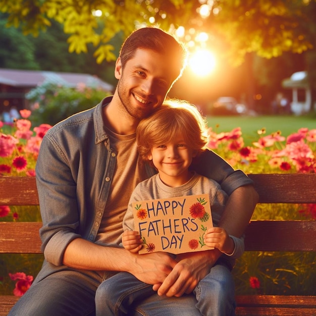 um pai e um filho sentados num banco com um sinal que diz pais felizes