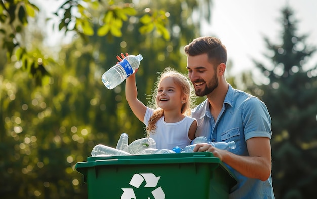 Foto um pai e uma filha alegres classificando o lixo doméstico fora da noção ecológica de reciclagem ia geradora