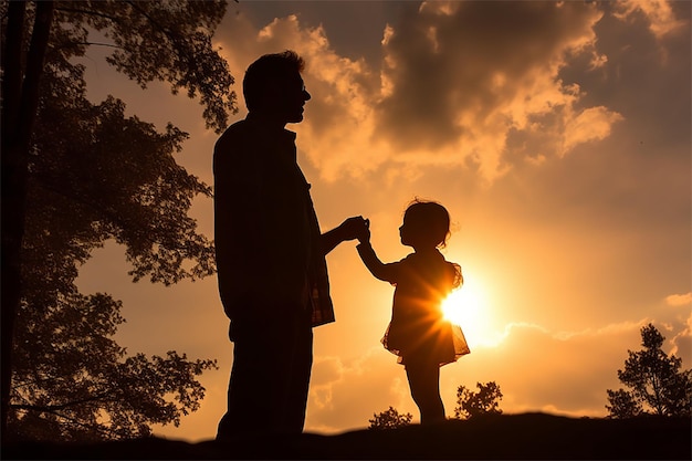 Um pai e uma filha em silhueta contra um céu pôr do sol