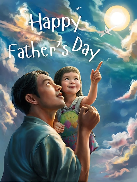 um pai e uma filha estão de pé em frente a um céu com as palavras feliz dia do pai