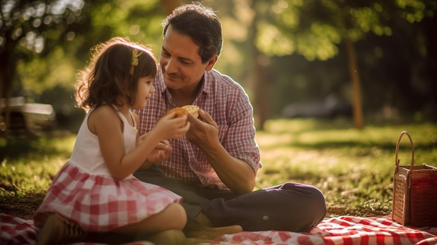 Um pai e uma filha estão sentados em um cobertor em um parque, comendo um sanduíche.