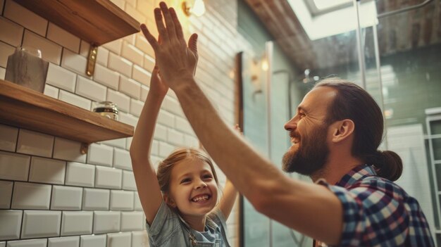 Foto um pai e uma filha juntam-se para instalar azulejos novos na casa de banho.