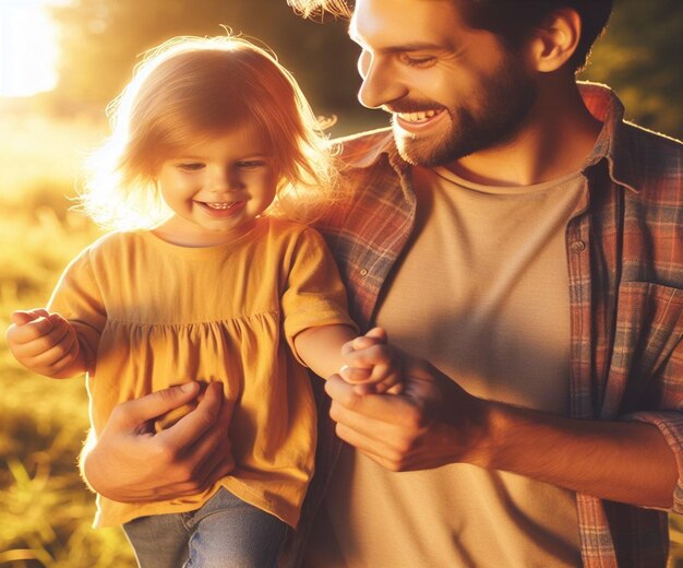 Foto um pai e uma filha sorrindo para a câmera o sol está brilhando através das árvores