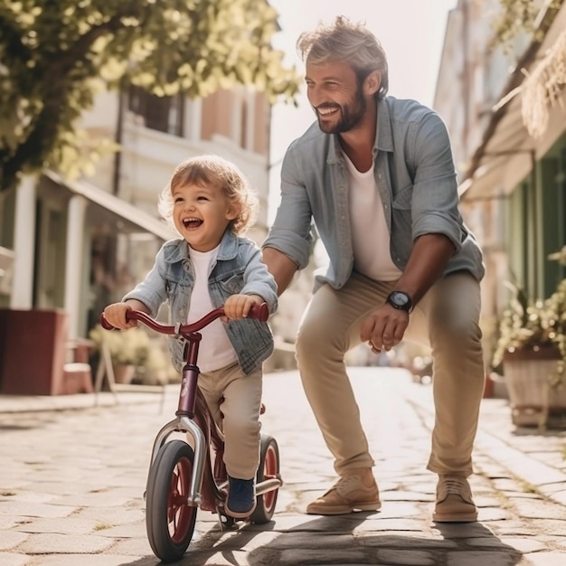 um pai ensina seu filhinho a andar de bicicleta na rua eles sorriem e ficam felizes
