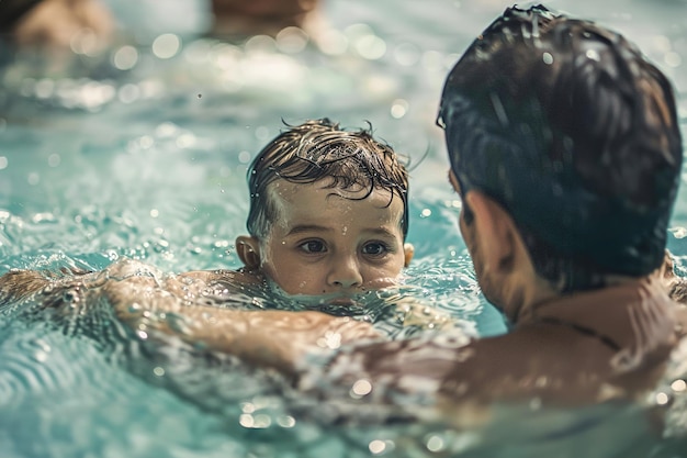 Um pai ensinando seu filho a nadar em uma piscina