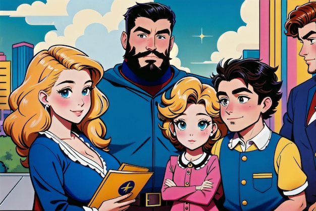 um pai herói e sua família na ilustração do estilo de quadrinhos