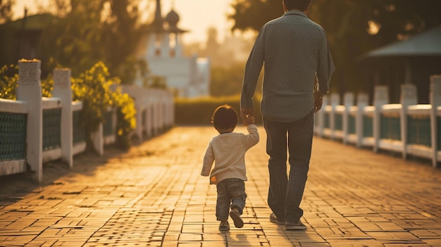 um pai leva seu filho pequeno para caminhar até a mesquita IA generativa