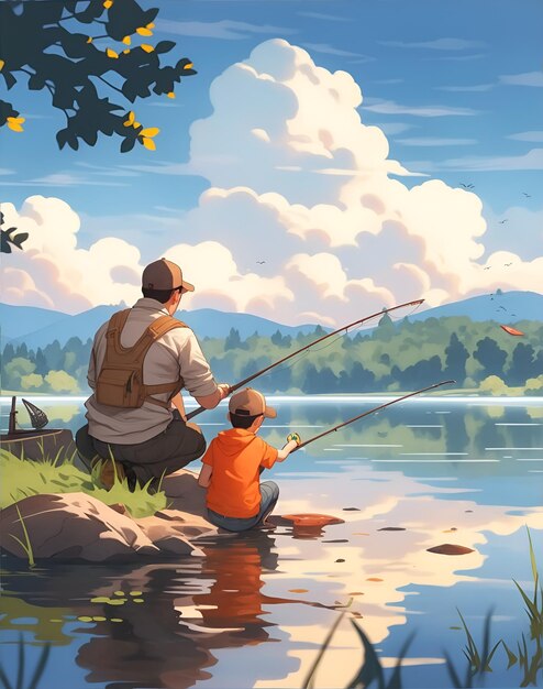 Um pai pescando com seu filho no lago