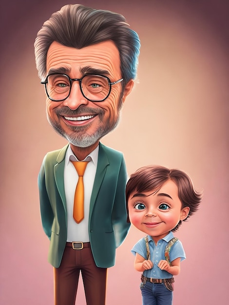 Foto um pai professor junto com seu filho em estilo cartoon e caricatura muito realista