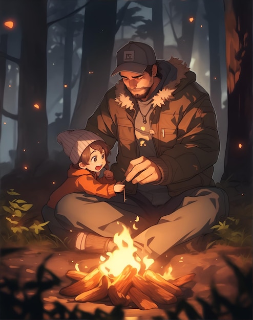 Foto um pai senta-se com seu filho no meio da floresta à noite e eles acendem uma fogueira