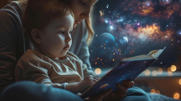 um pai sentado com seu filho lendo um livro sobre o espaço