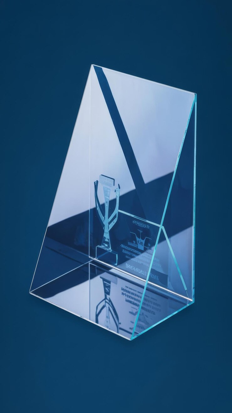 Foto um painel de vidro acrílico azul transparente com reflexo um troféu de prémio ou modelo de certificado com