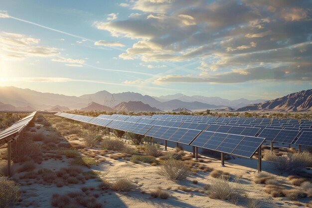 um painel solar é instalado em uma paisagem desértica