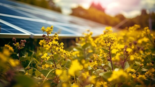 Um painel solar está atrás de um campo de flores.