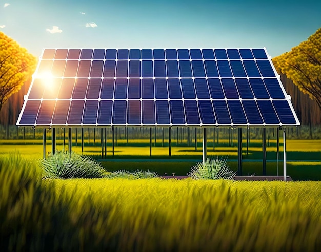 Um painel solar está em um campo com árvores ao fundo.