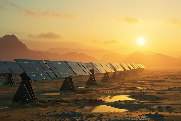 Um painel solar está no deserto com o sol atrás dele.