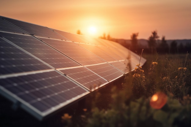 Um painel solar fica em um campo com o sol se pondo atrás dele.