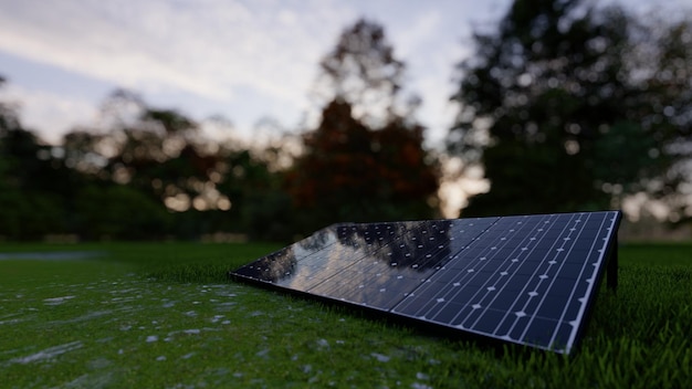 Um painel solar fica na grama em frente a uma árvore.