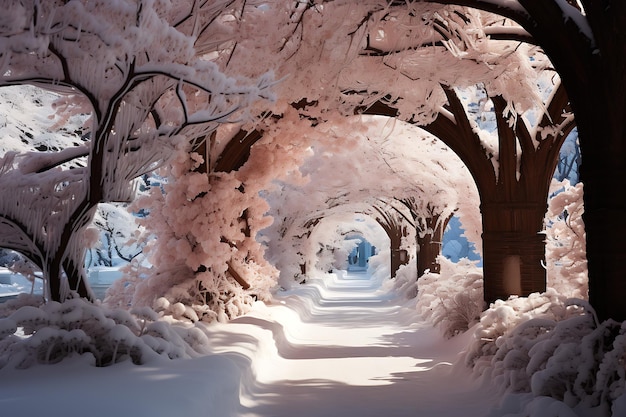 Um país das maravilhas mágico do inverno com árvores cobertas de neve foto realista