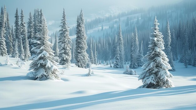 Um país de maravilhas de inverno de pinheiros cobertos de neve