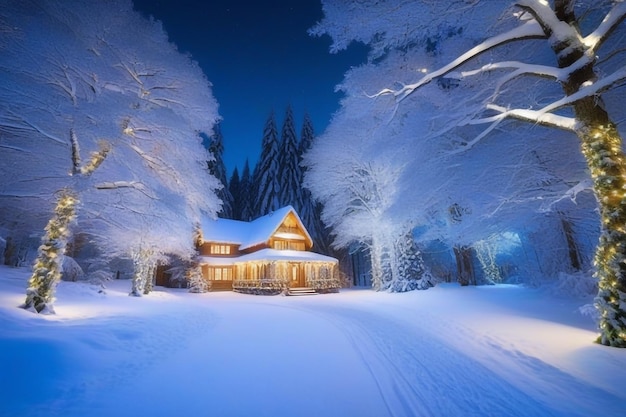 Um país mágico de inverno, uma floresta de neve encantada