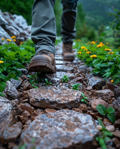 Foto um paisagista construindo um caminho de pedra