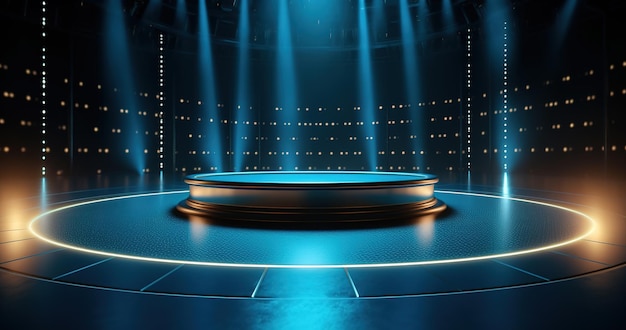 Um palco azul com um pódio no centro.