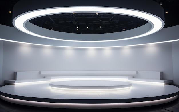 Um palco circular branco e vazio com iluminação abaixo e um teto preenchido