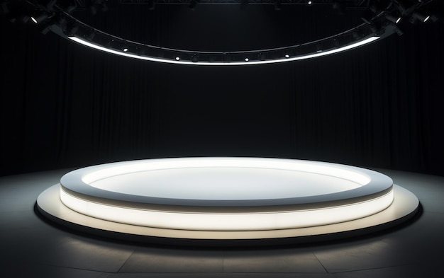 Um palco circular branco e vazio com iluminação abaixo e um teto preenchido