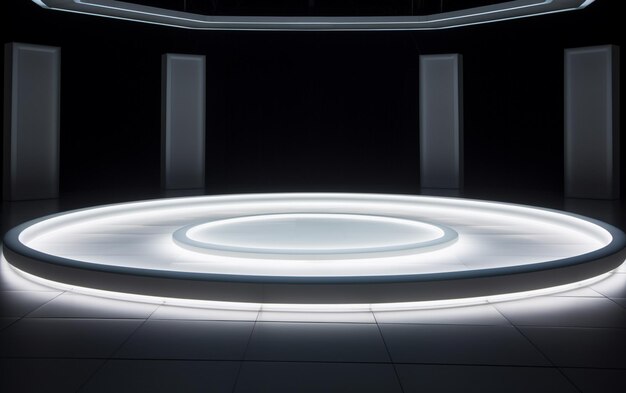 Um palco circular branco e vazio com iluminação abaixo e um teto preenchido