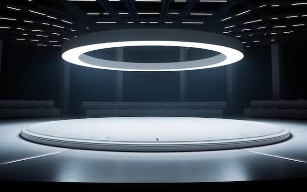 Um palco circular branco e vazio com iluminação abaixo e um teto preenchido