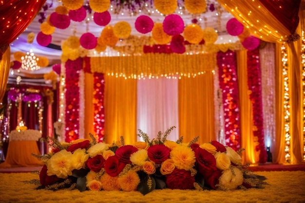 Foto um palco com flores e um palco com um palco grande com um candelabro e uma cortina vermelha
